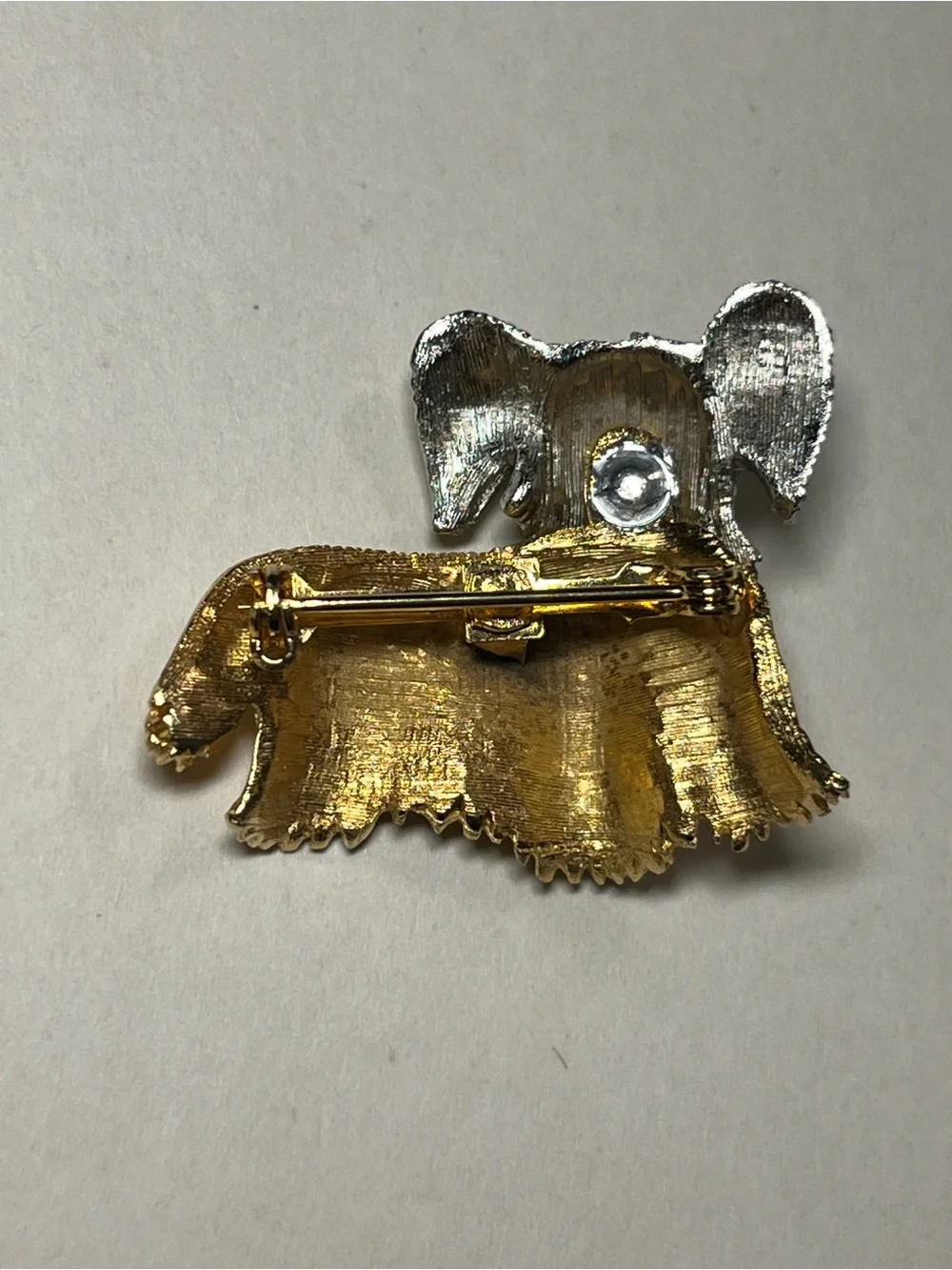 VTG Puppy Dog Brooch, Gold- & Silver-Toned, 6 Rhinestones & Red Enamel Tongue